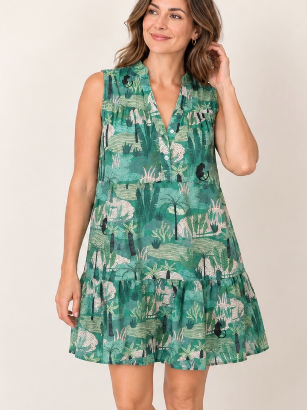 Vilagallo Green Printed Sleeveless Tunic Dress Sz 40 US 40 cotton resort cruise